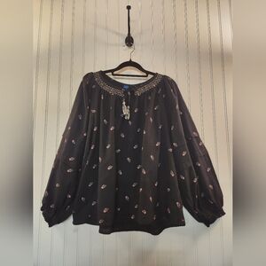Old Navy Women Black Floral Print Peasant Tunic Top Size L Whimsygoth Boho Flowy